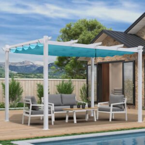 PURPLE LEAF 10' X 13' Outdoor Retractable Pergola with Sun Shade Canopy Cover White Patio Metal Shelter for Garden Porch